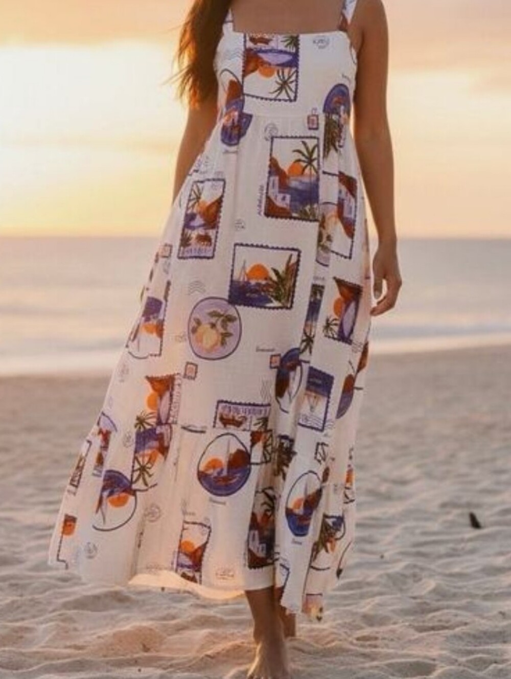 Anthropologie White Maxi Dress with Orange & Blue Scenic Print